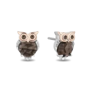 Hallmark Fine Jewelry Sterling Silver and 14K Rose Gold Smokey Quartz Owl Earrings