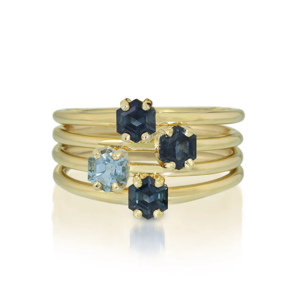 Hexagon Sapphire and Aquamarine Stacking Rings