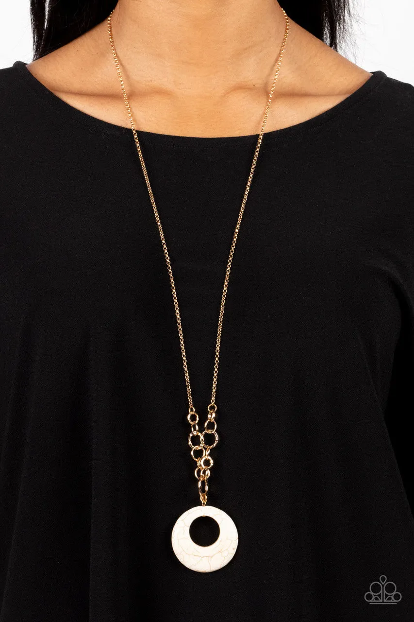 Hidden Dune - White - Stone Hoop Gold Chain Paparazzi Long Necklace