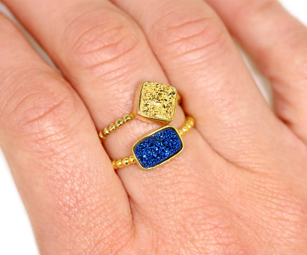 Horizontal Rectangle 18K Gold Druzy Ring