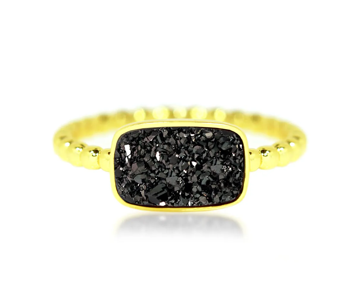 Horizontal Rectangle Black Druzy 14k Gold Ring