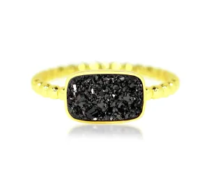 Horizontal Rectangle Black Druzy 14k Gold Ring