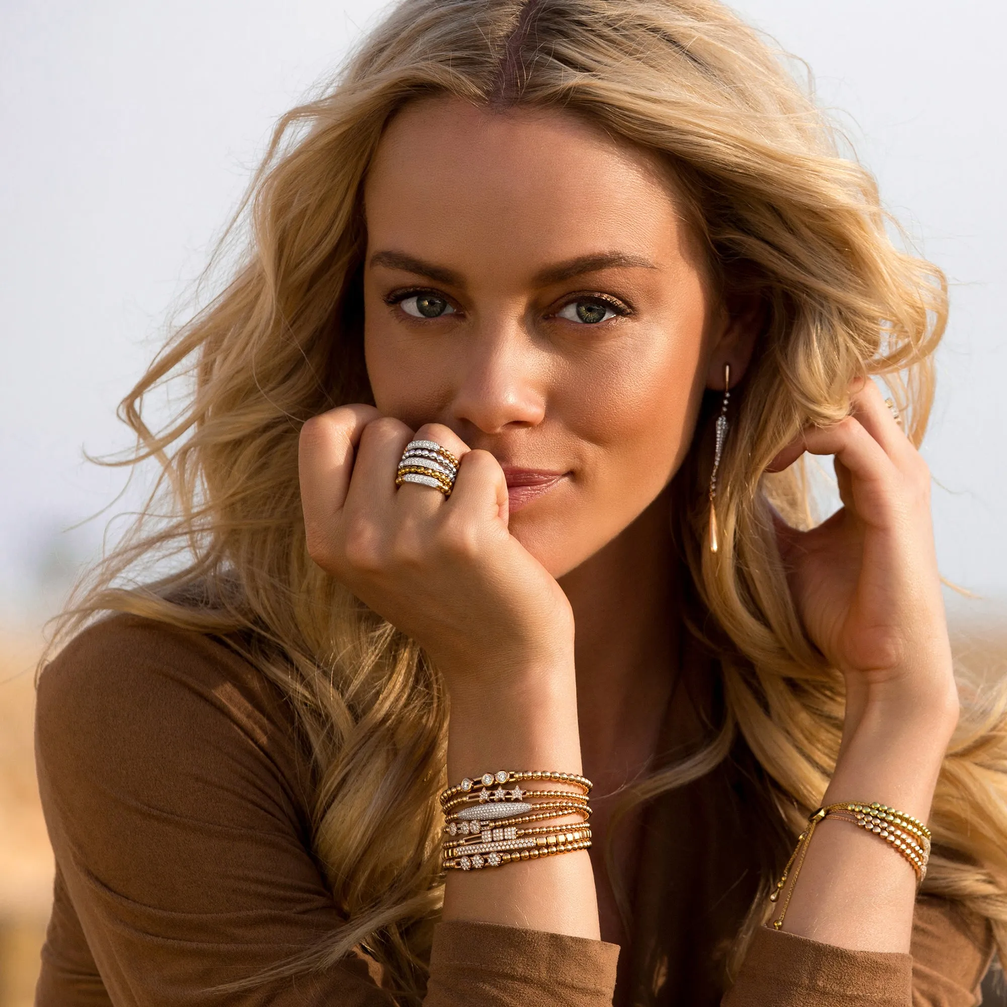 Hulchi Belluni Fidget Bracelet with Two Pave Diamond Moveable Heart Stations White Gold Stretch Stackable