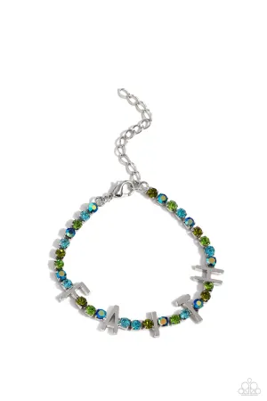 In Good Faith - Multi - Iridescent, Blue, and Green Rhinestone "FAITH" Inspirational/Religious Lobster Claw Bracelet