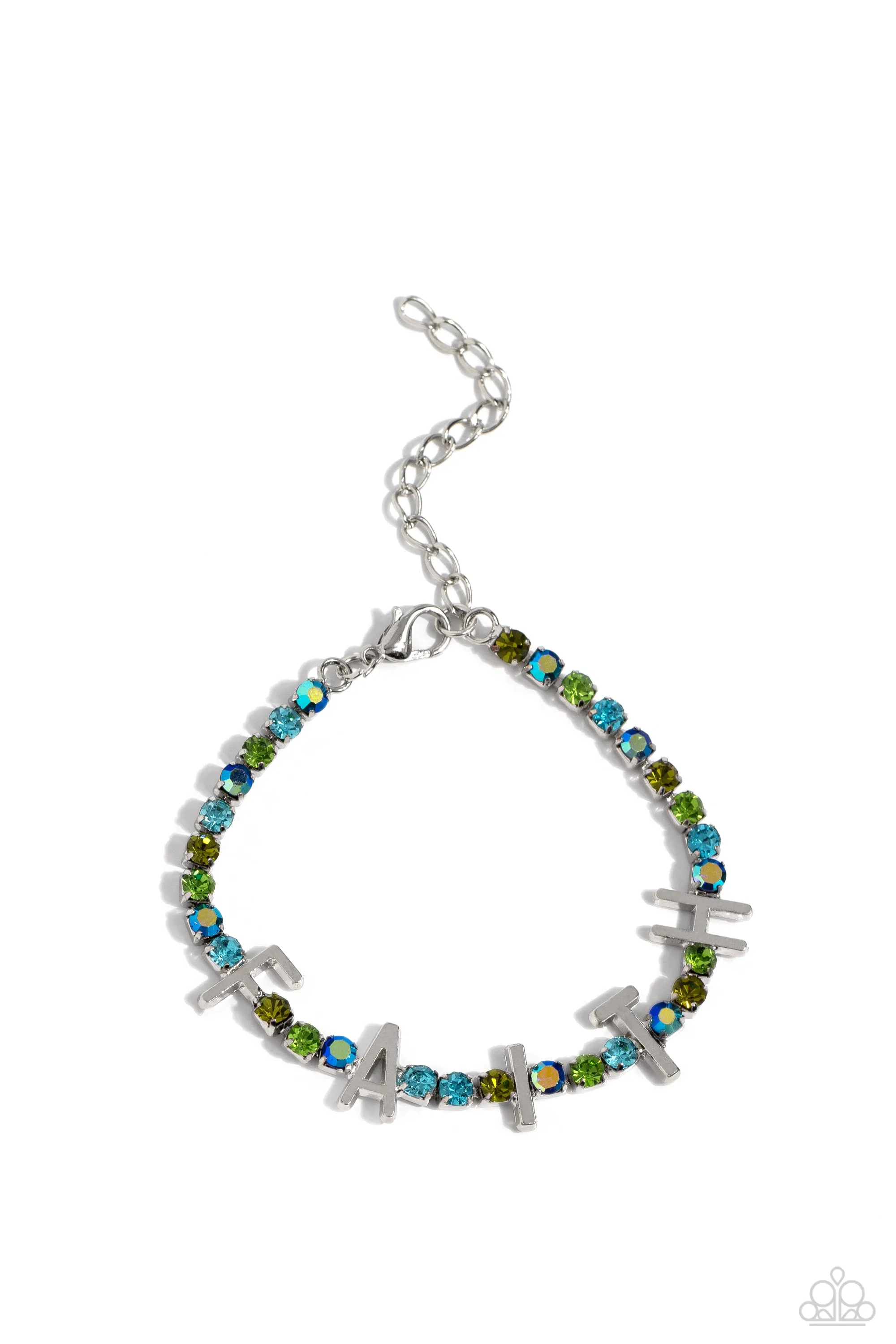 In Good Faith - Multi - Iridescent, Blue, and Green Rhinestone "FAITH" Inspirational/Religious Lobster Claw Bracelet