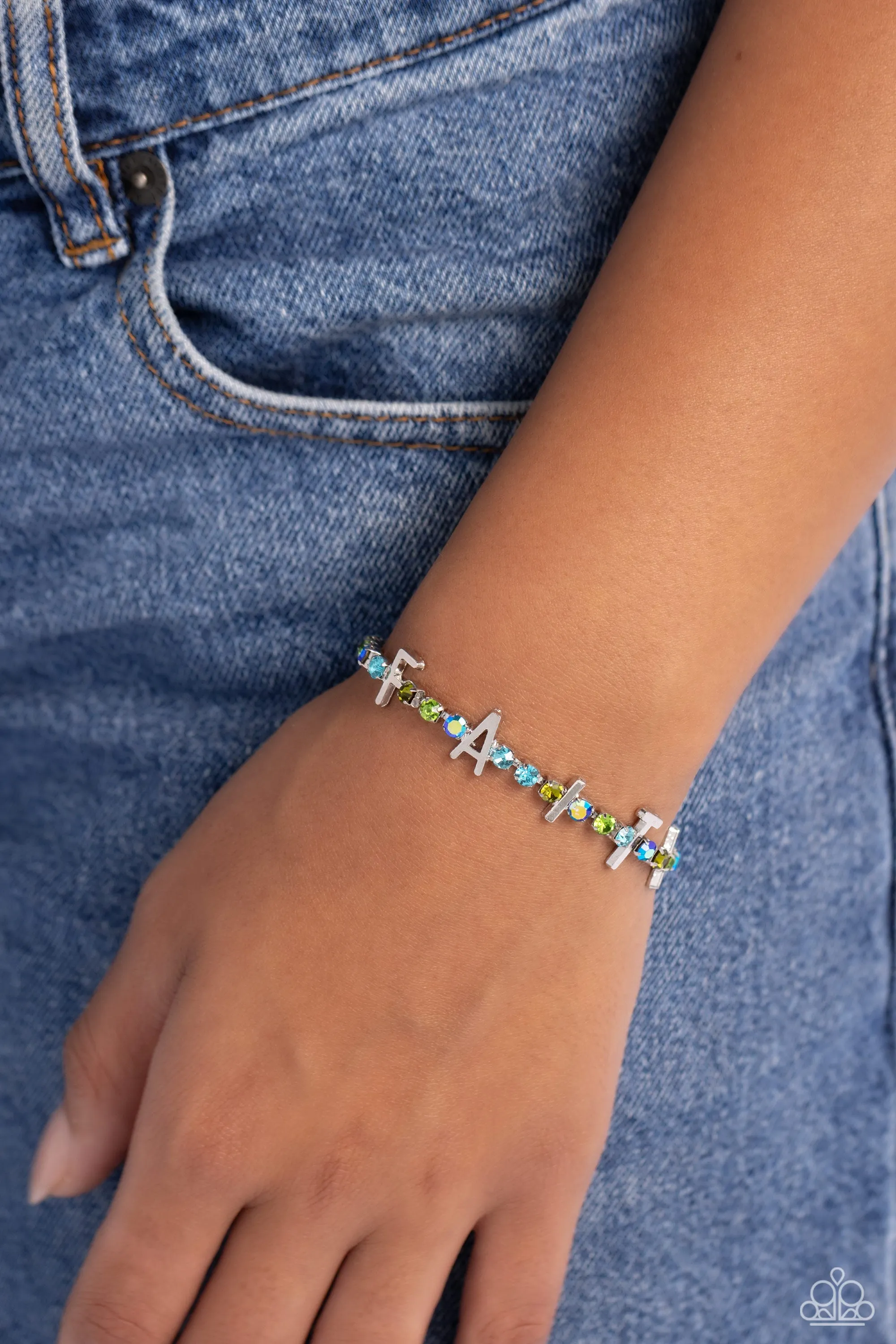 In Good Faith - Multi - Iridescent, Blue, and Green Rhinestone "FAITH" Inspirational/Religious Lobster Claw Bracelet