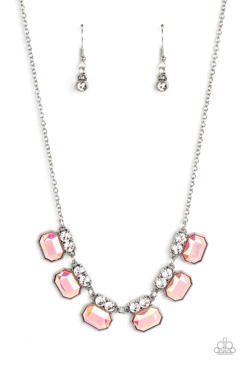 Interstellar Inspiration Pink Emerald Cut Gem Rhinestone Paparazzi Short Necklace