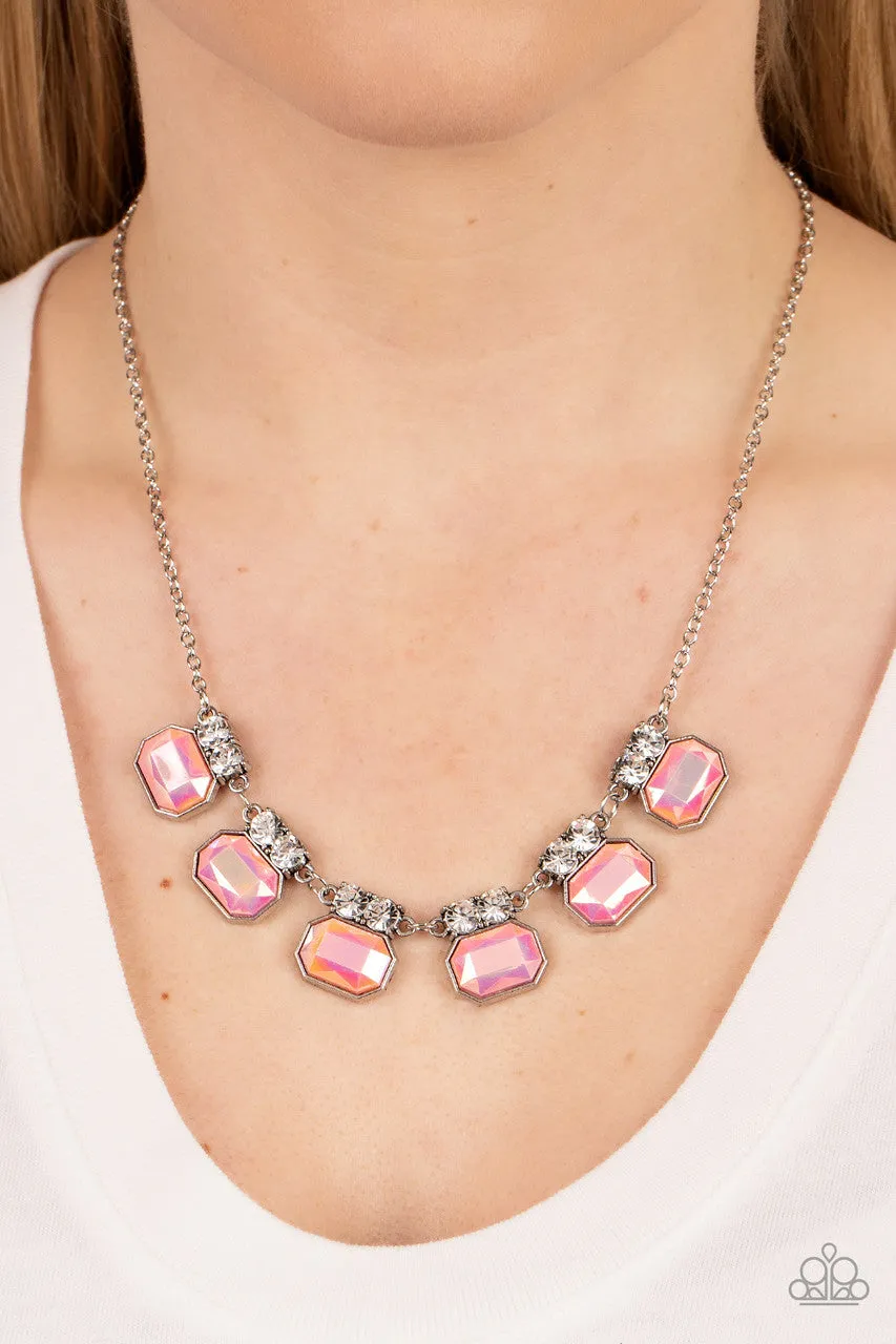 Interstellar Inspiration Pink Emerald Cut Gem Rhinestone Paparazzi Short Necklace