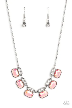 Interstellar Inspiration Pink Emerald Cut Gem Rhinestone Paparazzi Short Necklace