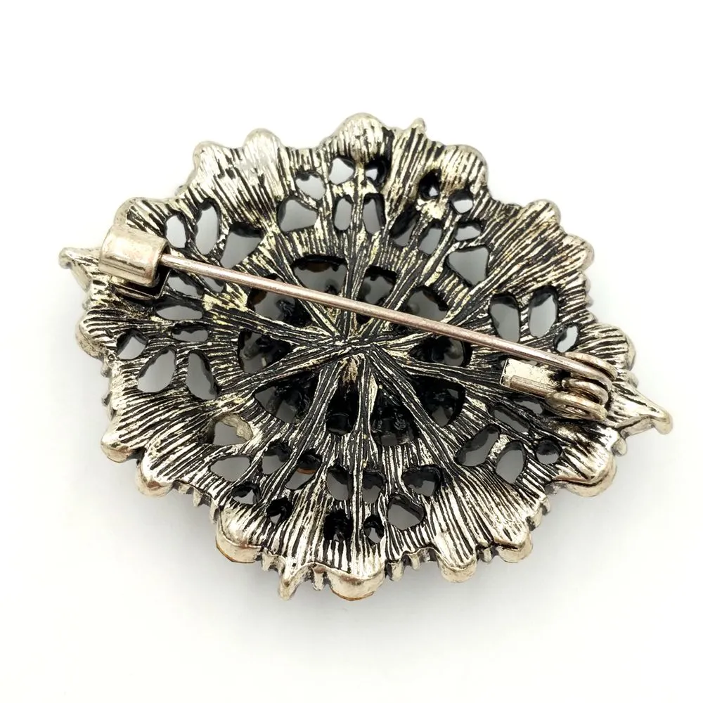 Jewelblings Victorian Vintage Opens Filigree Red Oval Brooches Gold Tone Geometric Foliate Clear Crystal Pave Art Deco Oval Shaped Pins