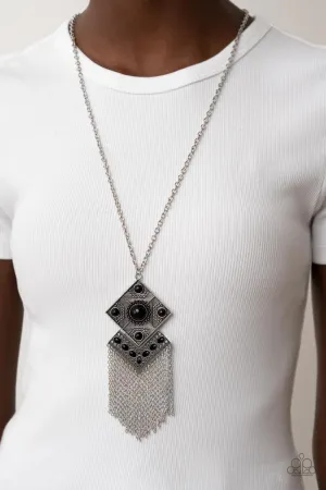 Kite Flight - Black - Beaded Center Square Pendant Chain Fringe Paparazzi Long Necklace