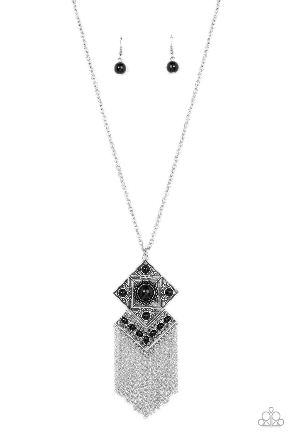 Kite Flight - Black - Beaded Center Square Pendant Chain Fringe Paparazzi Long Necklace