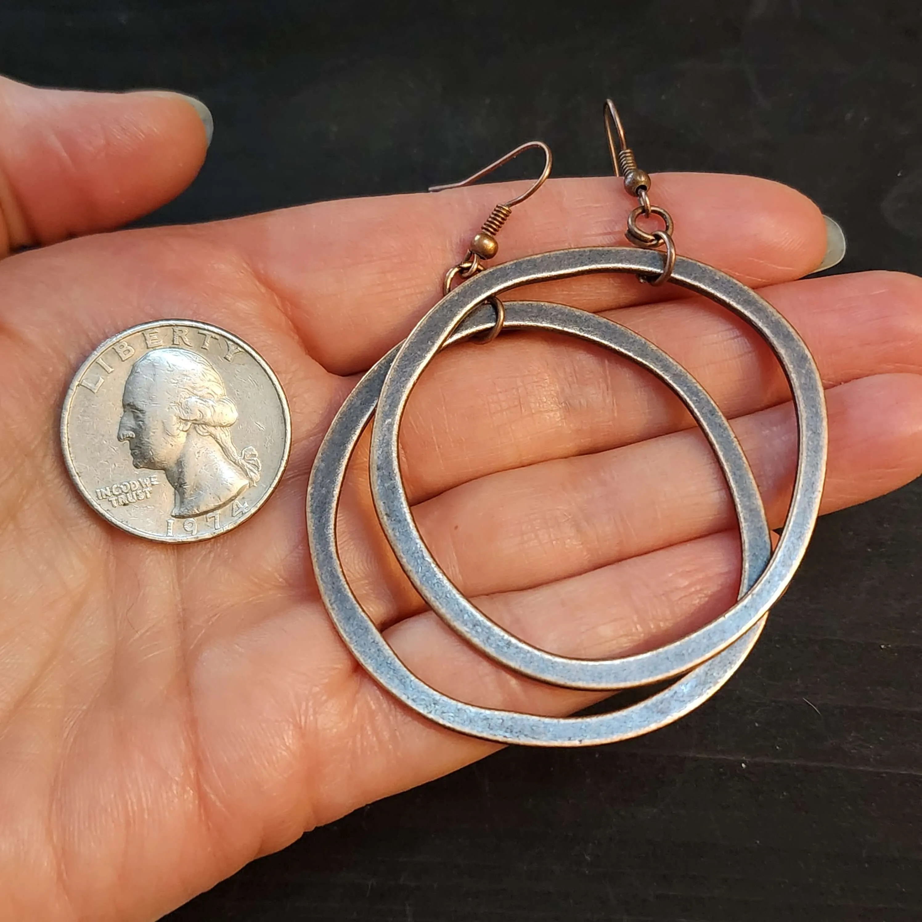 Large Silver Hoop Earrings, 51mm Wonky Circles Dangle Earrings