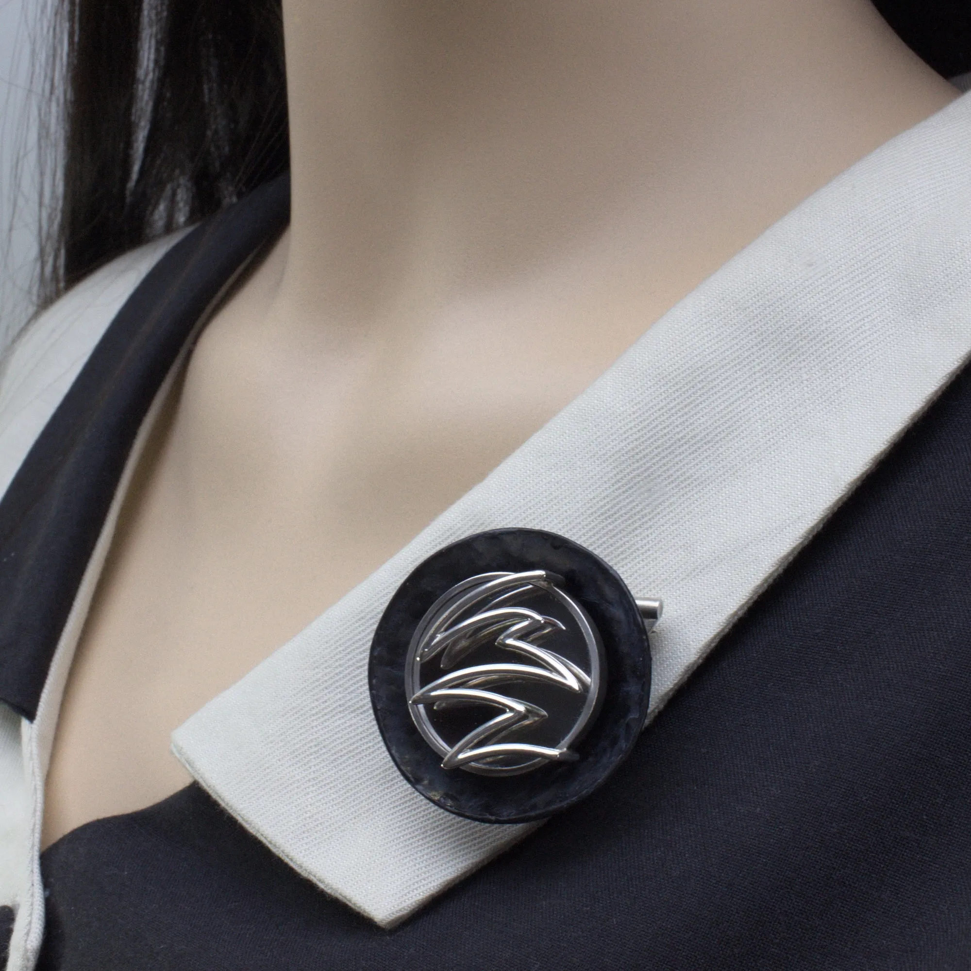 'LIGHTENING STRIKE' handmade sterling silver brooch with black carbon fibre