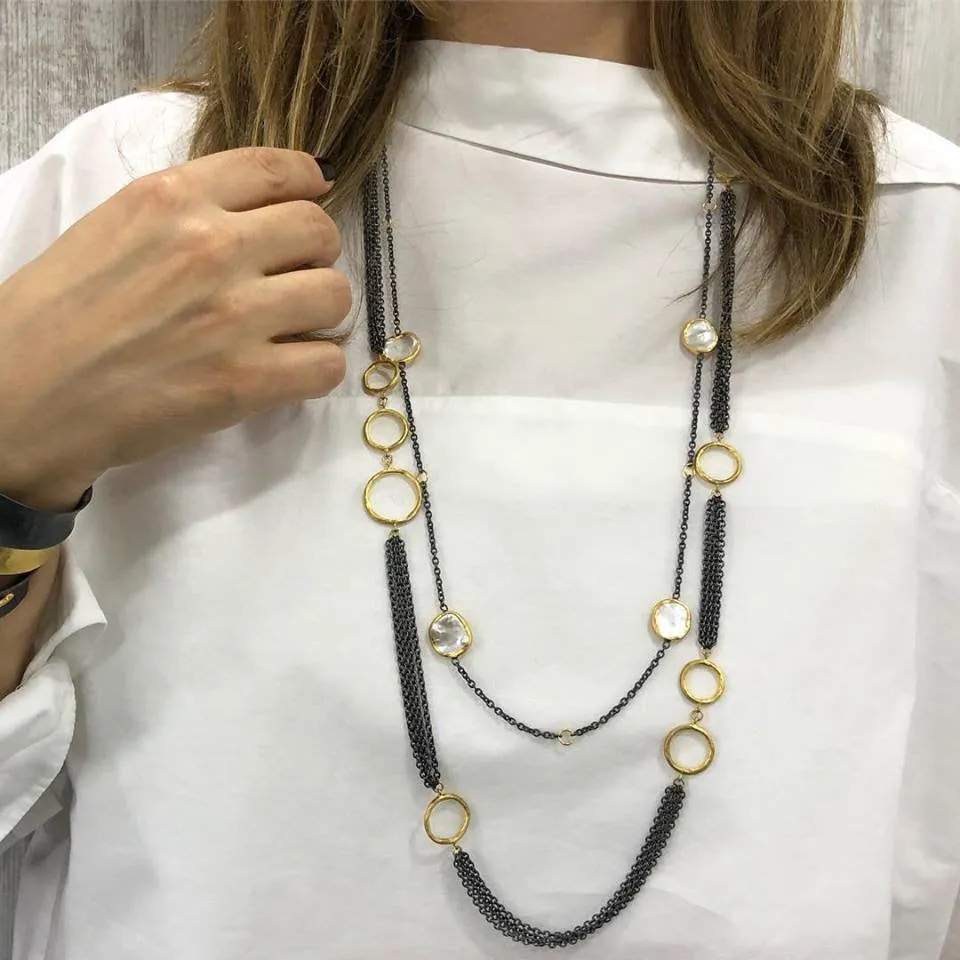 Lika Behar "Katya" Keshi Pearl Necklace in Sterling Silver & 24K Gold 38" Adjustable KAT-N-113-GXPE-95