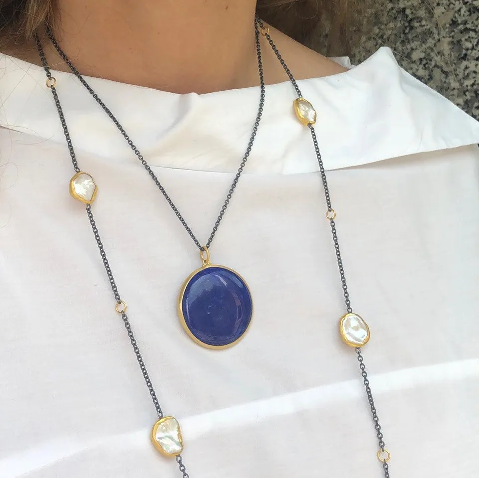Lika Behar "Katya" Keshi Pearl Necklace in Sterling Silver & 24K Gold 38" Adjustable KAT-N-113-GXPE-95