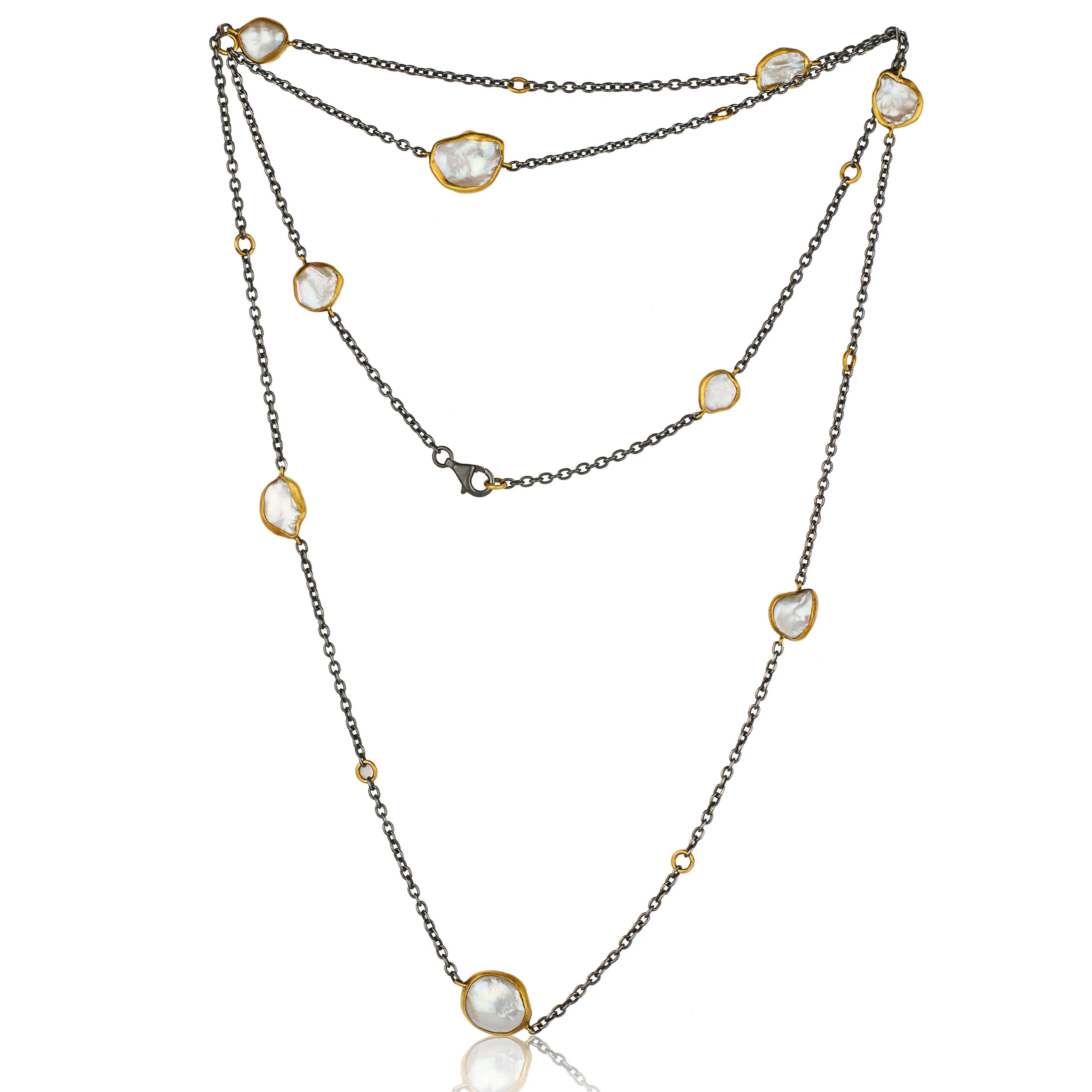 Lika Behar "Katya" Keshi Pearl Necklace in Sterling Silver & 24K Gold 38" Adjustable KAT-N-113-GXPE-95