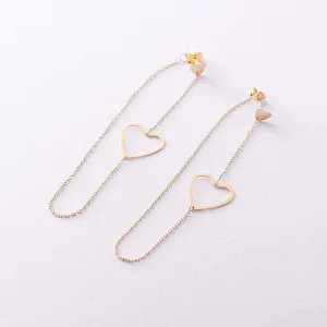 Long Chain Studs Heart Charm Dangling Earrings Silver Jewelry