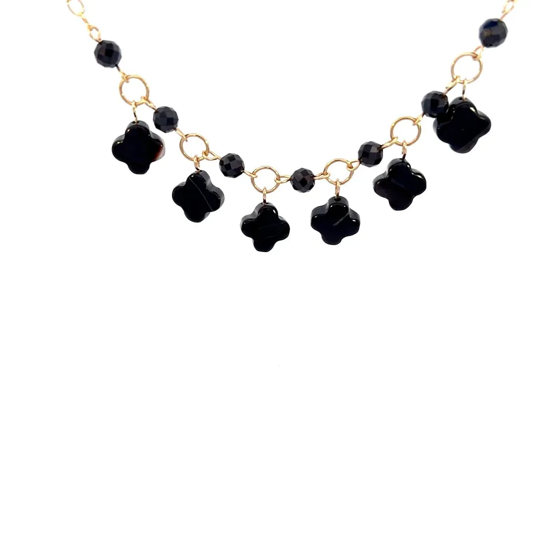Lucky Clover Black Agate Four Leaf Clovers and Black Spinel Gemstone Choker Necklace 14k GF