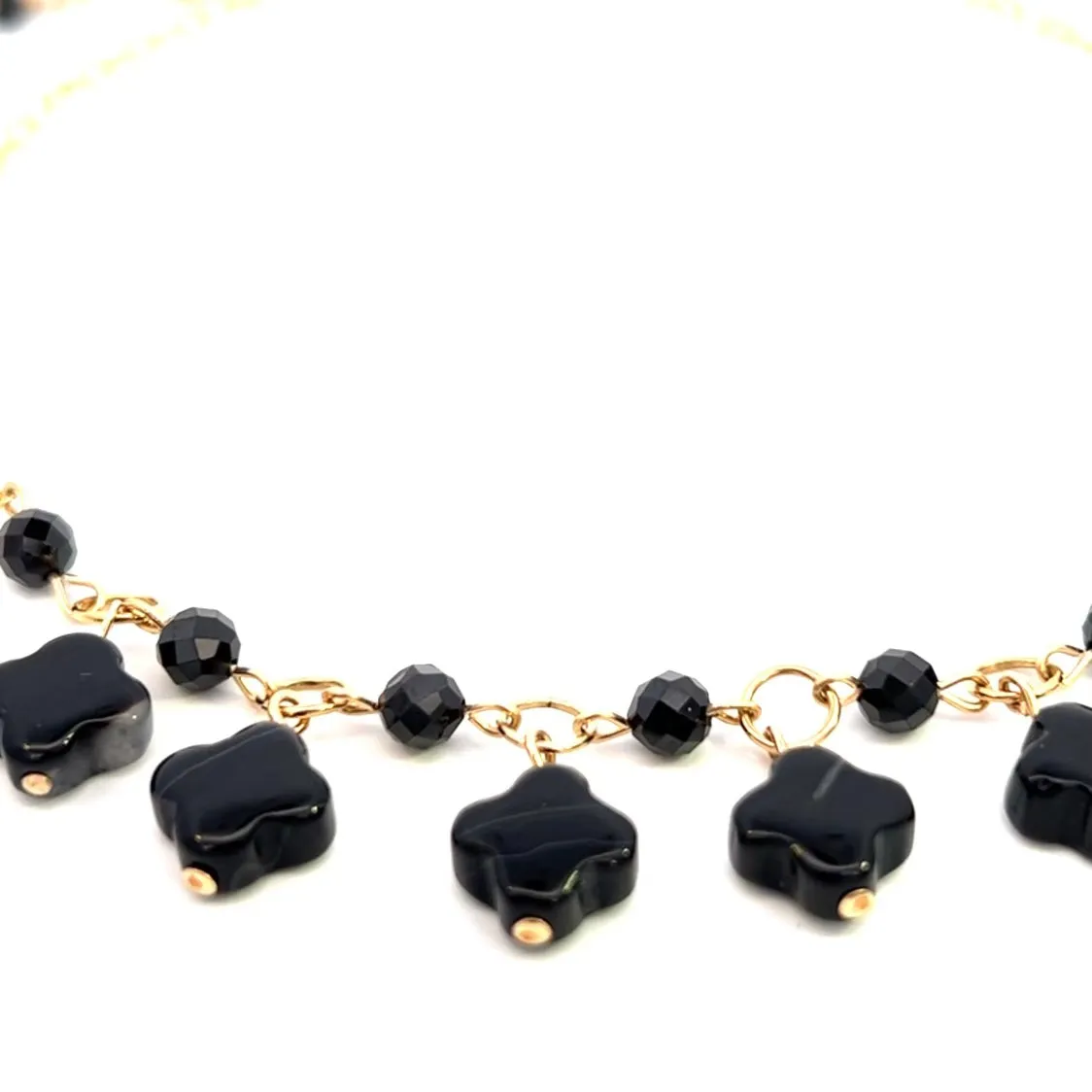 Lucky Clover Black Agate Four Leaf Clovers and Black Spinel Gemstone Choker Necklace 14k GF