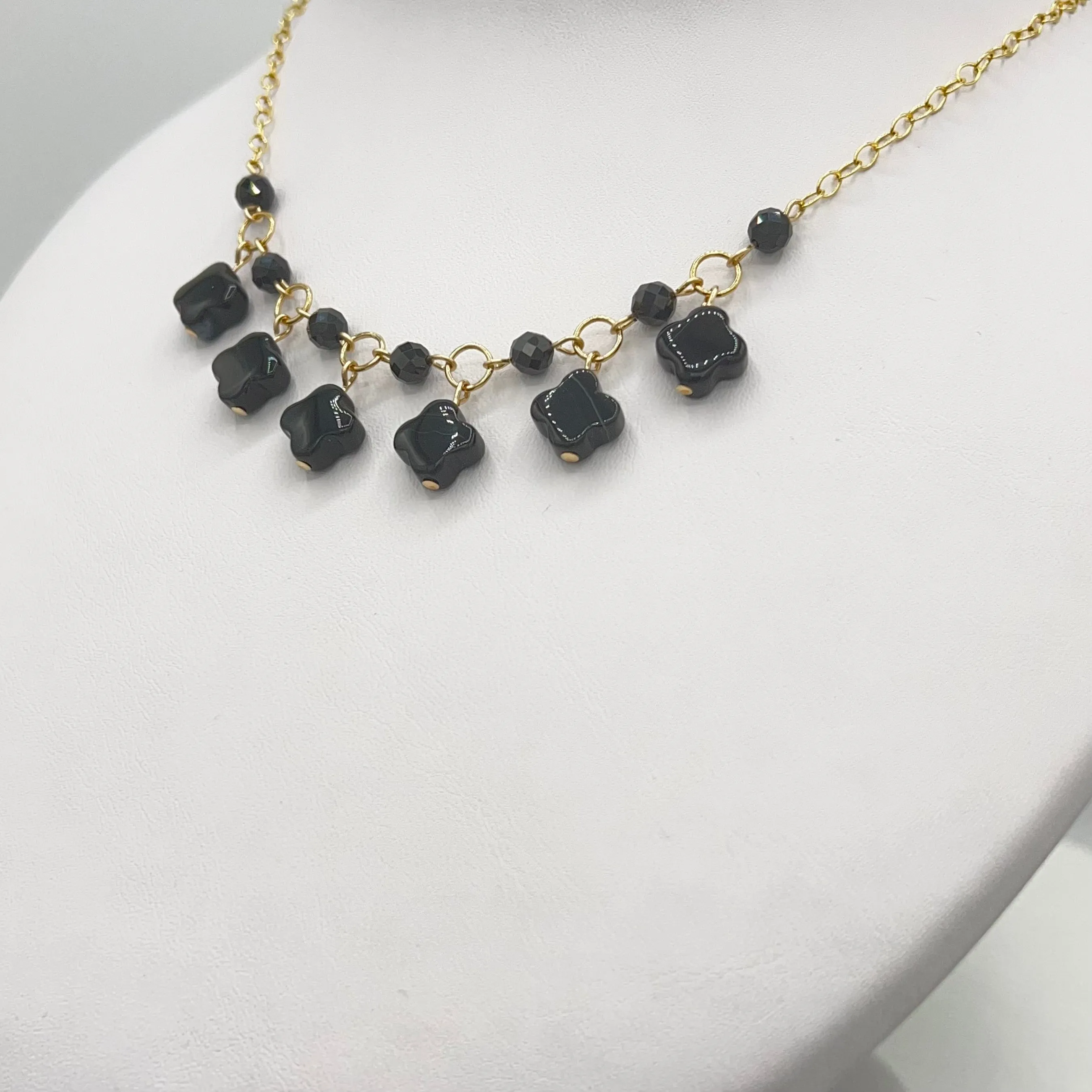 Lucky Clover Black Agate Four Leaf Clovers and Black Spinel Gemstone Choker Necklace 14k GF