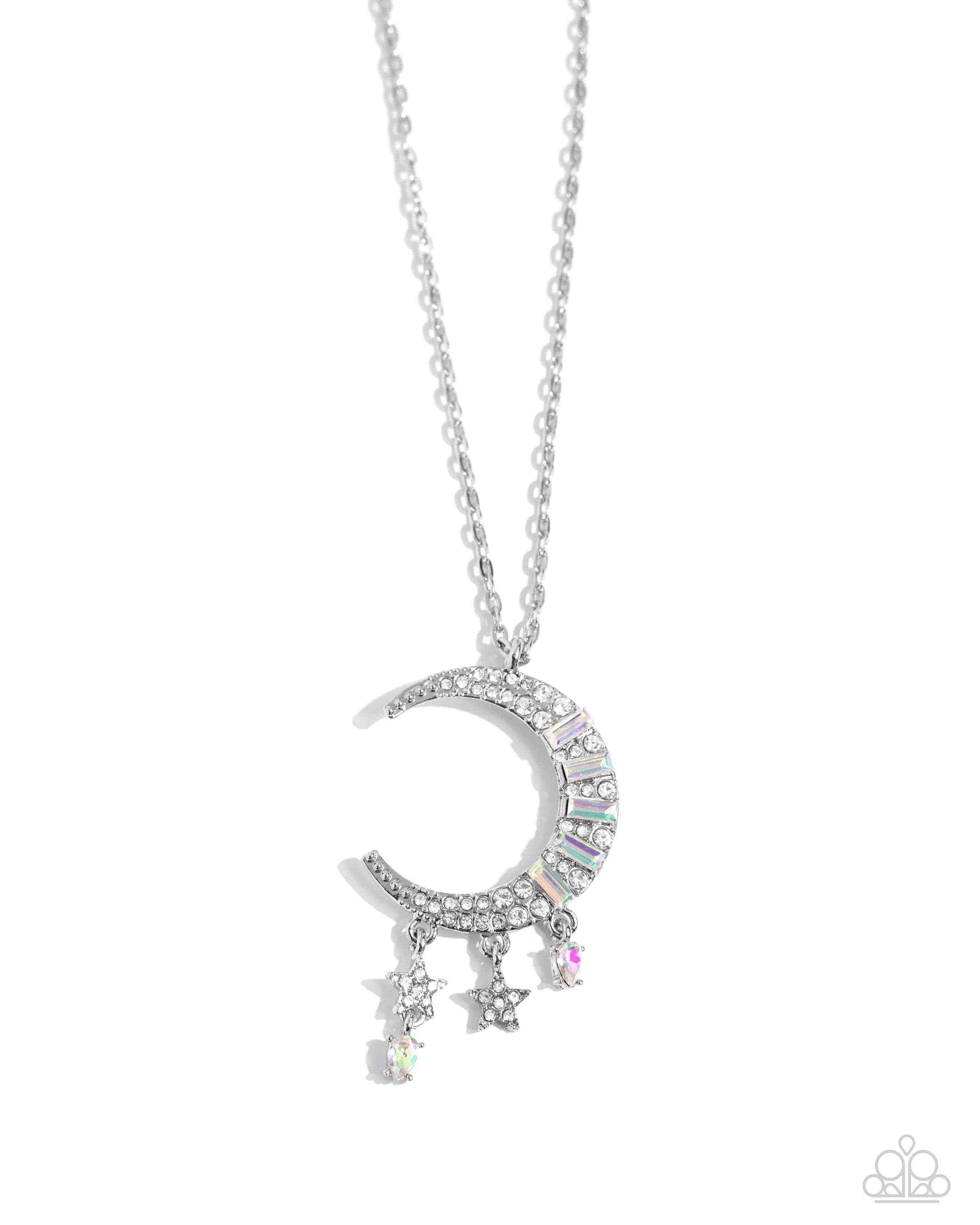 Lunar Landmark - White - and Iridescent Rhinestone Moon and Star Paparazzi Long Necklace