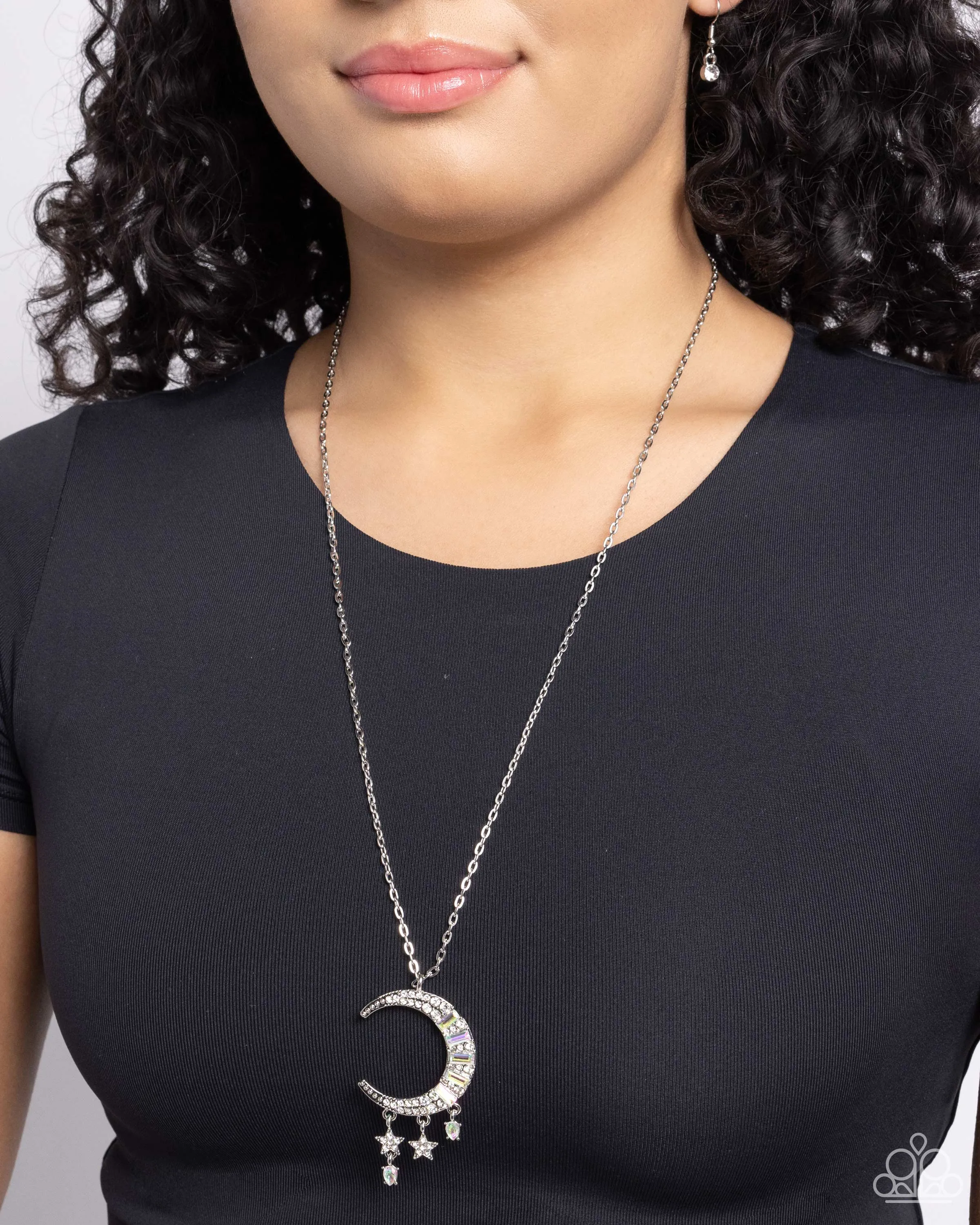 Lunar Landmark - White - and Iridescent Rhinestone Moon and Star Paparazzi Long Necklace