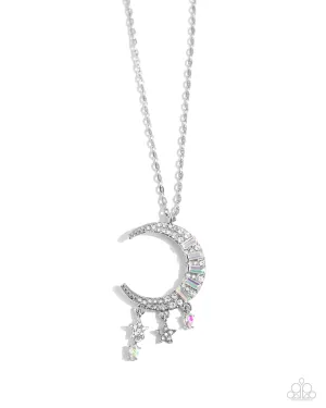 Lunar Landmark - White - and Iridescent Rhinestone Moon and Star Paparazzi Long Necklace