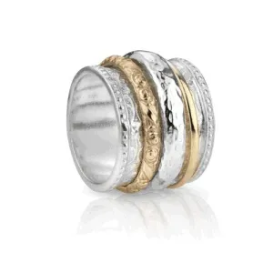 Meditation Ring Namaste Sterling Silver with 9K Yellow and Rose Gold Spinning Band
