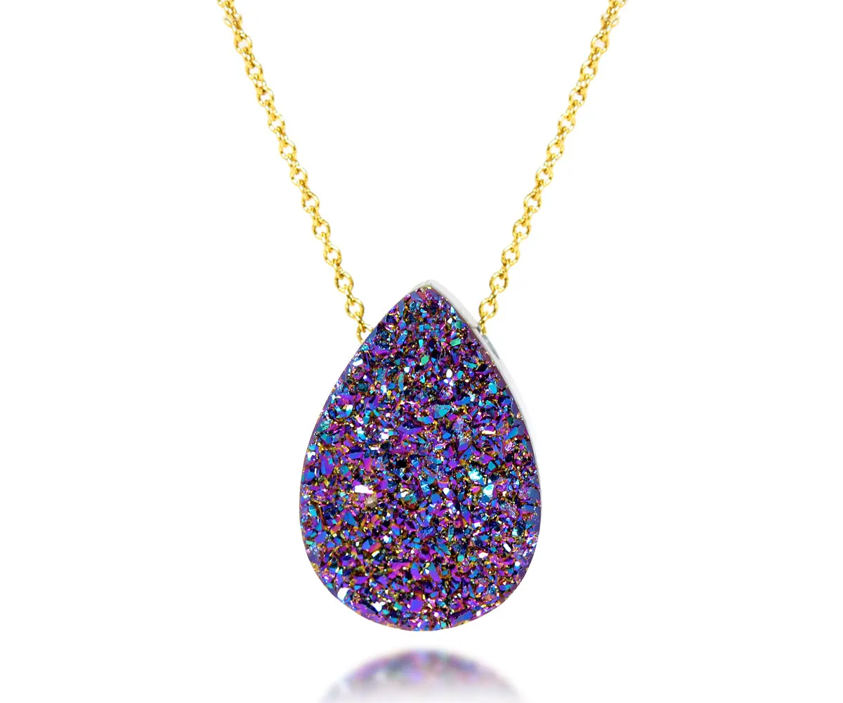 Medium Teardrop Purple Rainbow Druzy 14k Necklace