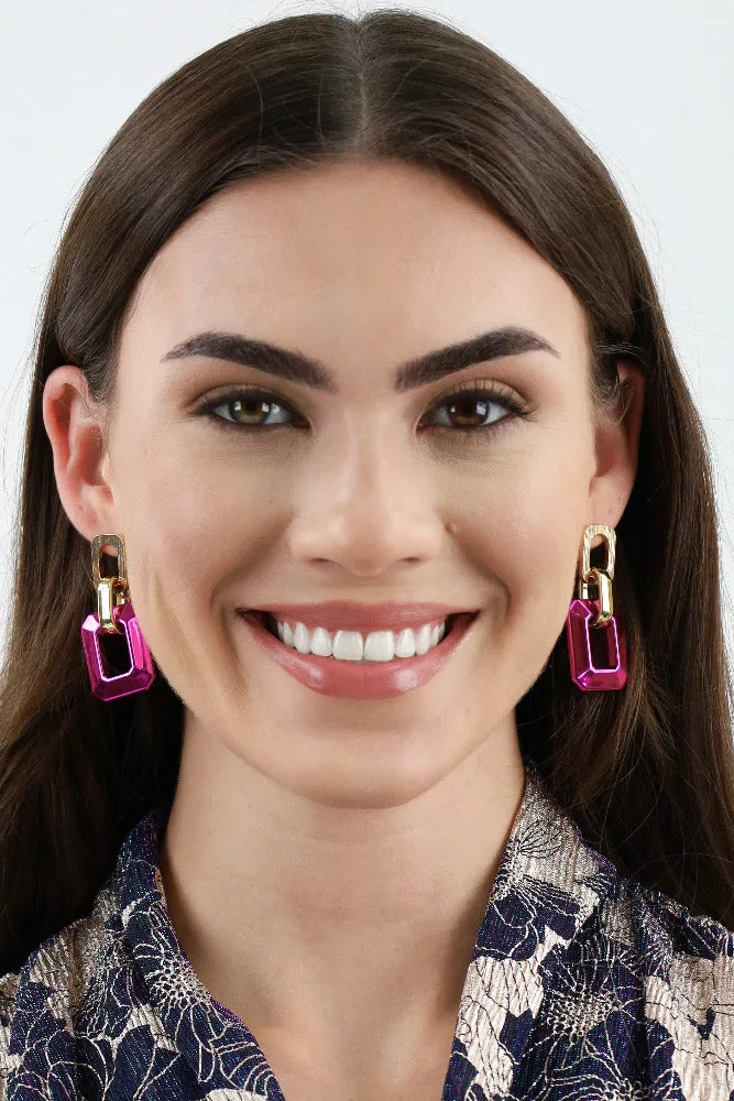Metallic Rectangle Earrings -Pink