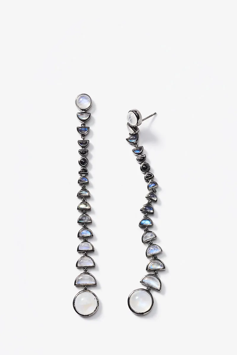 Metronome Earrings - Rainbow Moonstone, Black Spinel & Labradorite