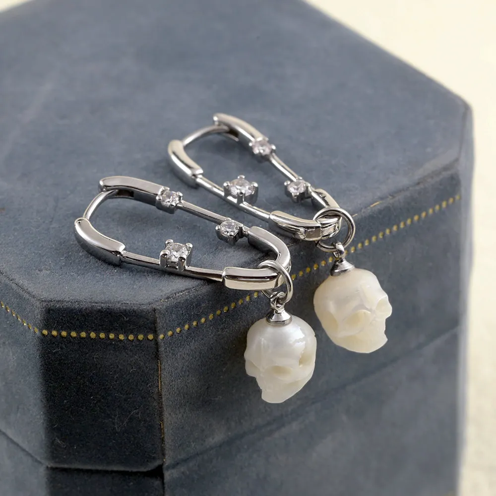 Minimalist Paperclip Pearl Skull Hoop Earrings