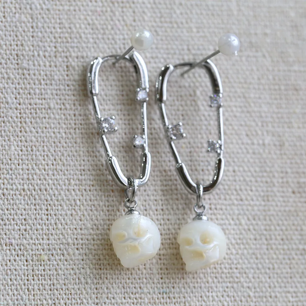 Minimalist Paperclip Pearl Skull Hoop Earrings