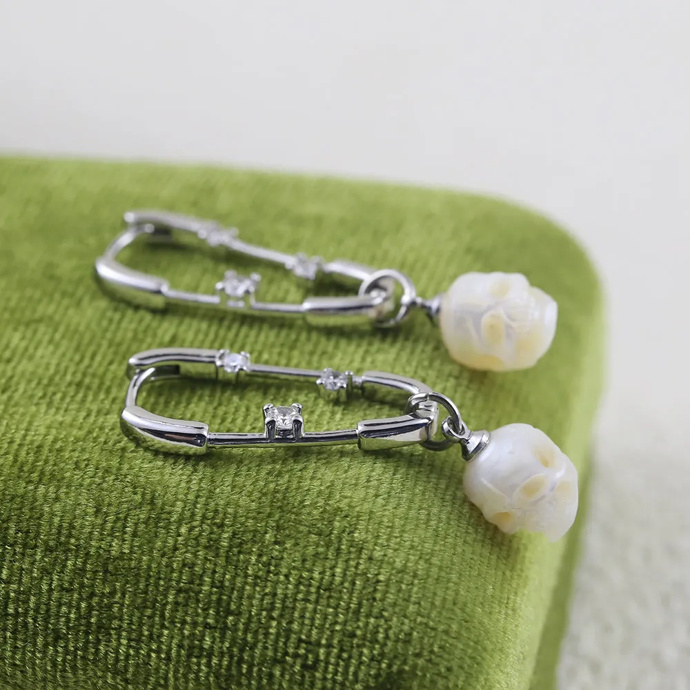 Minimalist Paperclip Pearl Skull Hoop Earrings