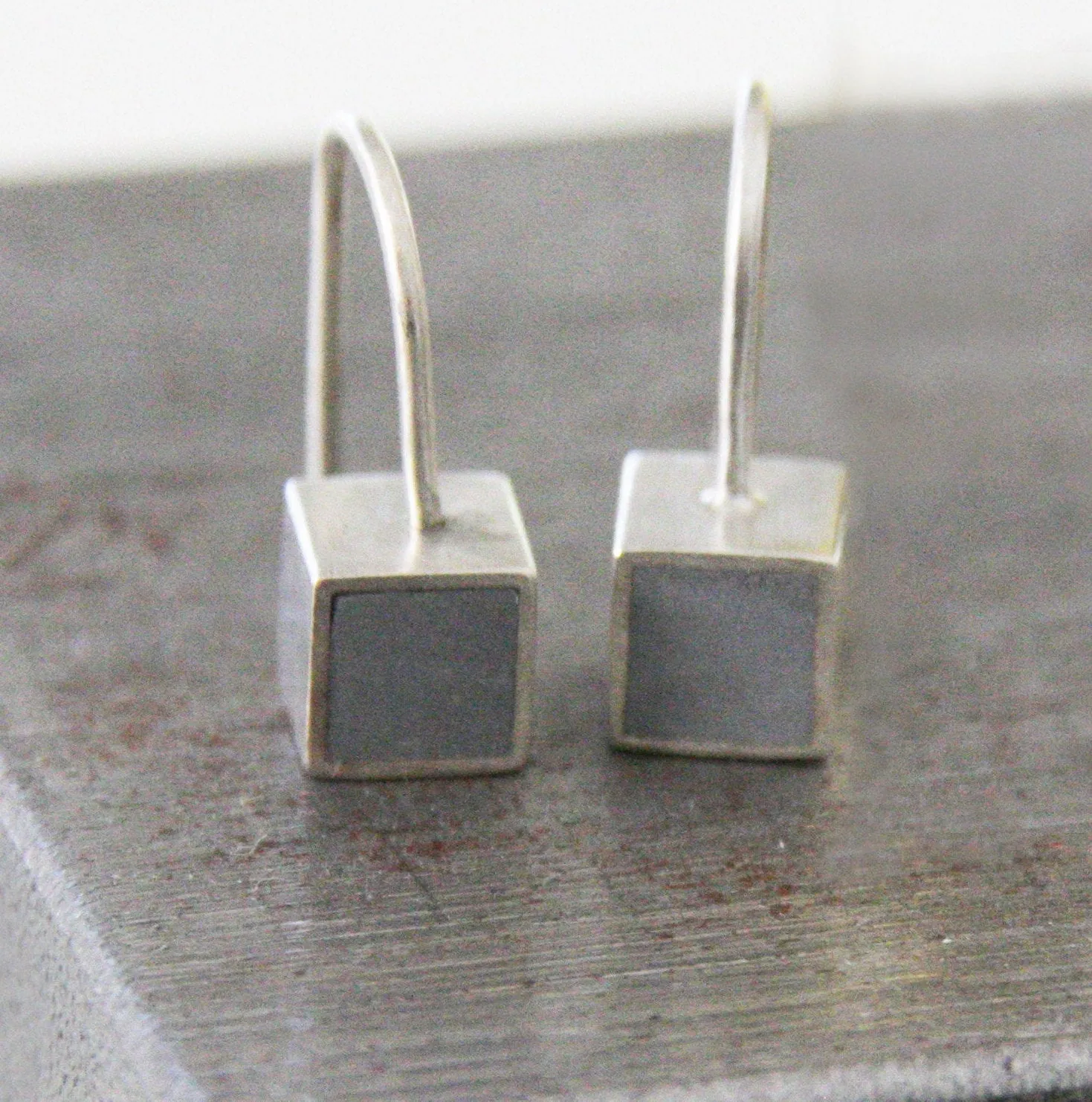 Minimalist silver & concrete cube dangle Earrings