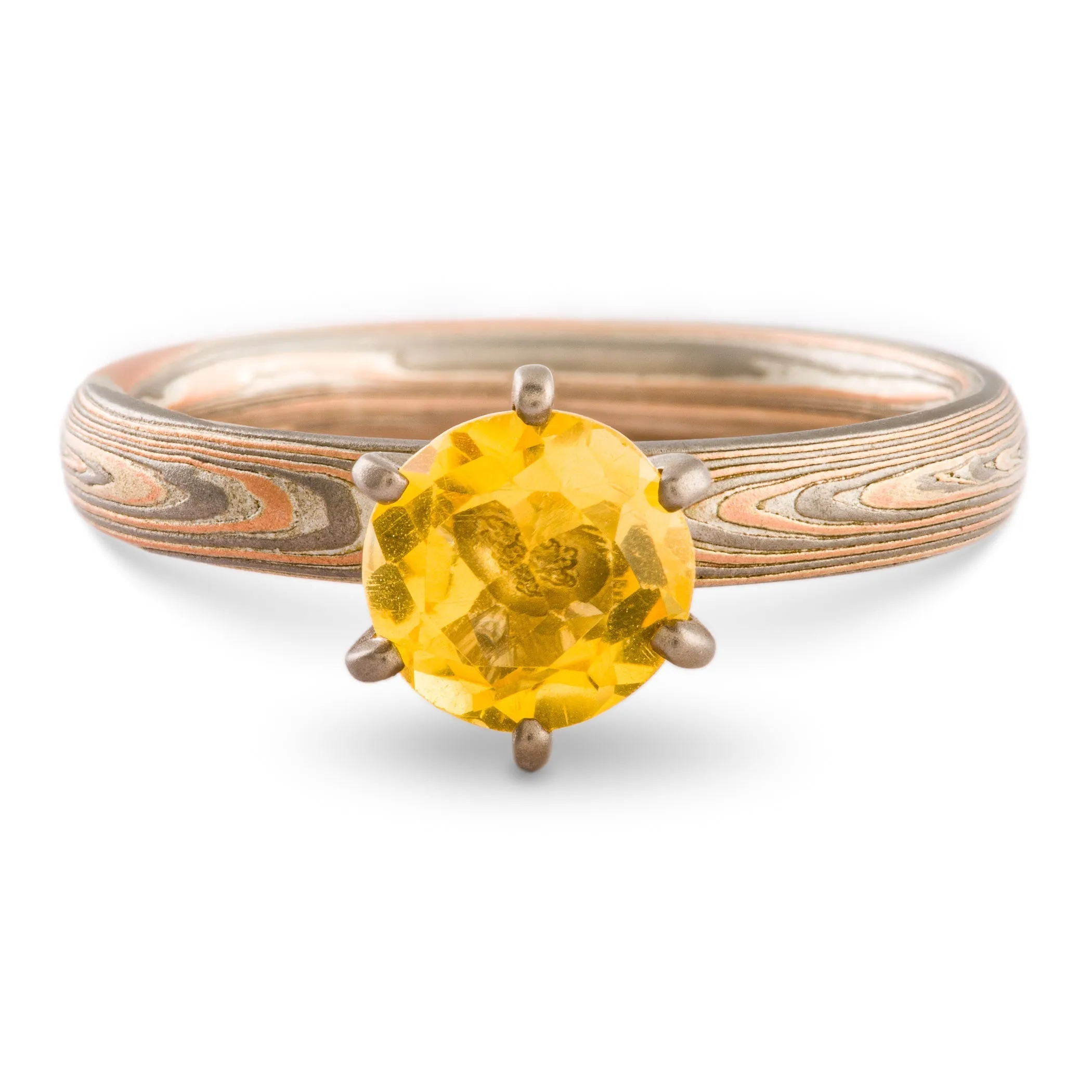 Mokume Gane Ring Set in Vortex Pattern and Embers Palette with Prong Set Topaz SHIPS TODAY
