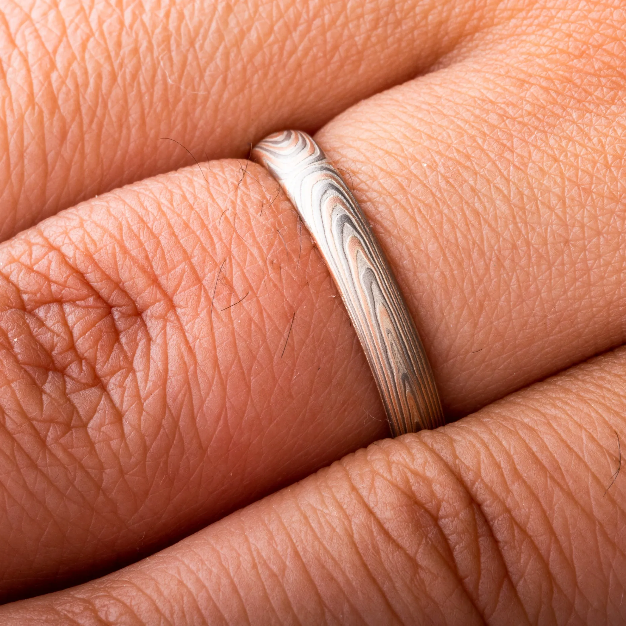 Mokume Gane Ring Set in Vortex Pattern and Embers Palette with Prong Set Topaz SHIPS TODAY