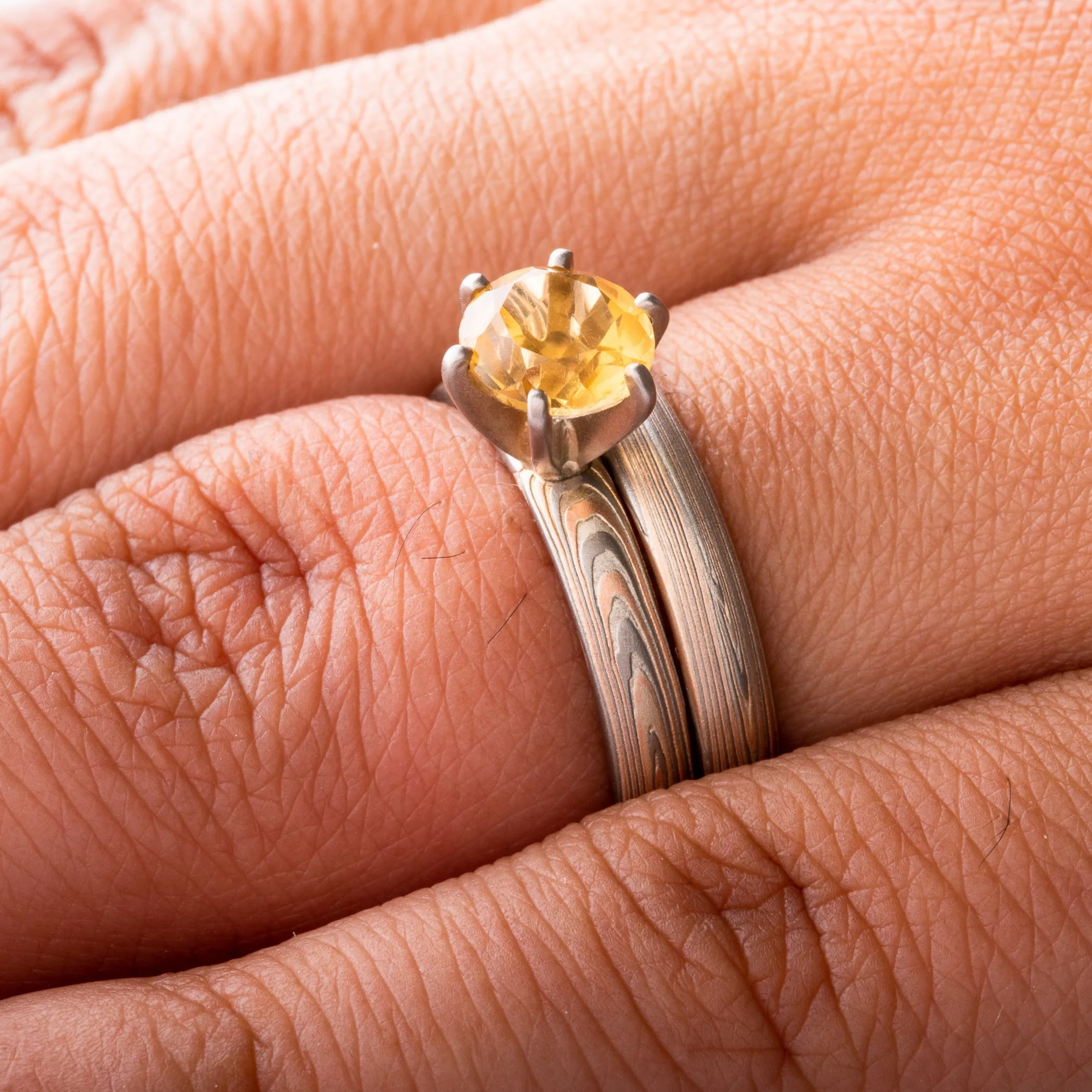 Mokume Gane Ring Set in Vortex Pattern and Embers Palette with Prong Set Topaz SHIPS TODAY