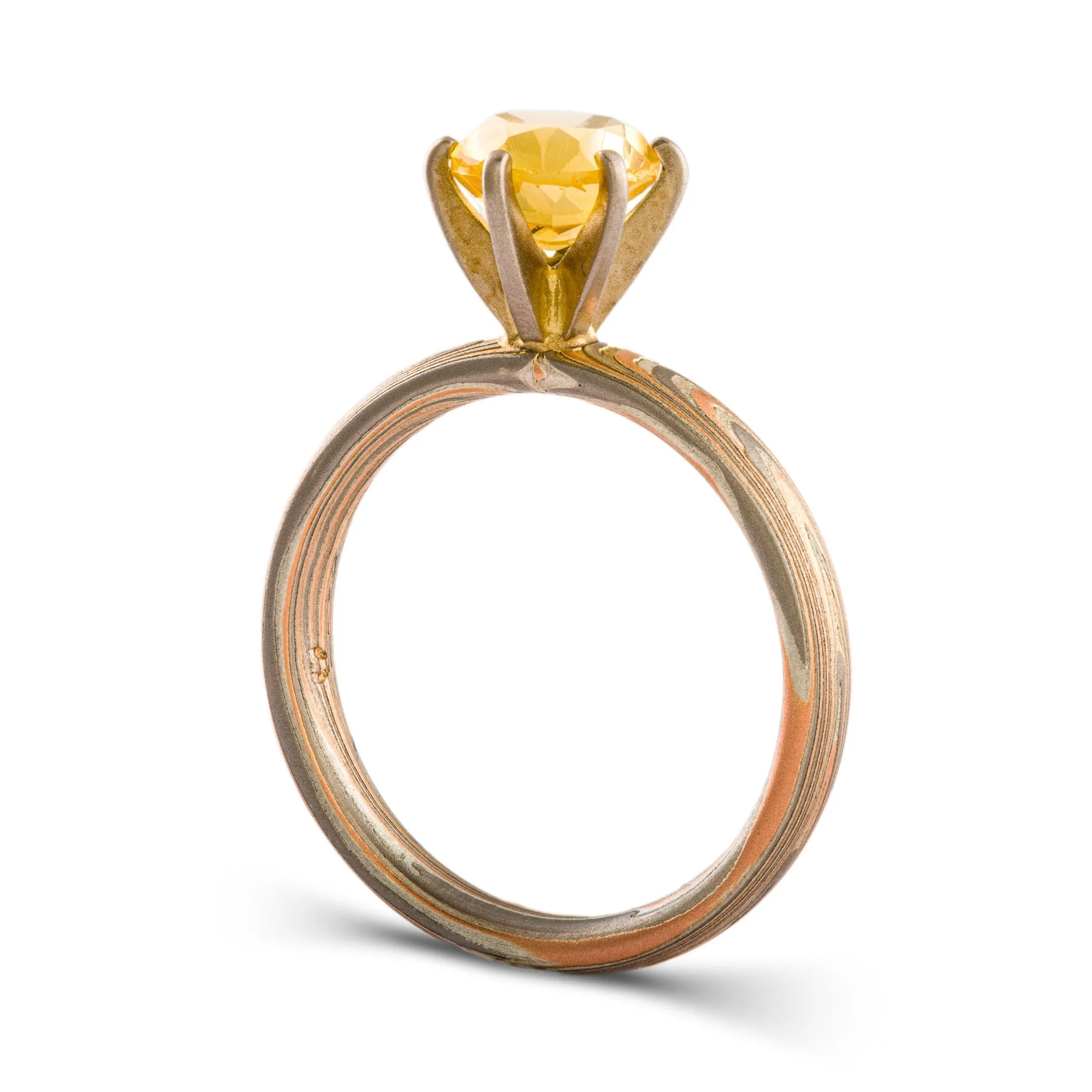 Mokume Gane Ring Set in Vortex Pattern and Embers Palette with Prong Set Topaz SHIPS TODAY