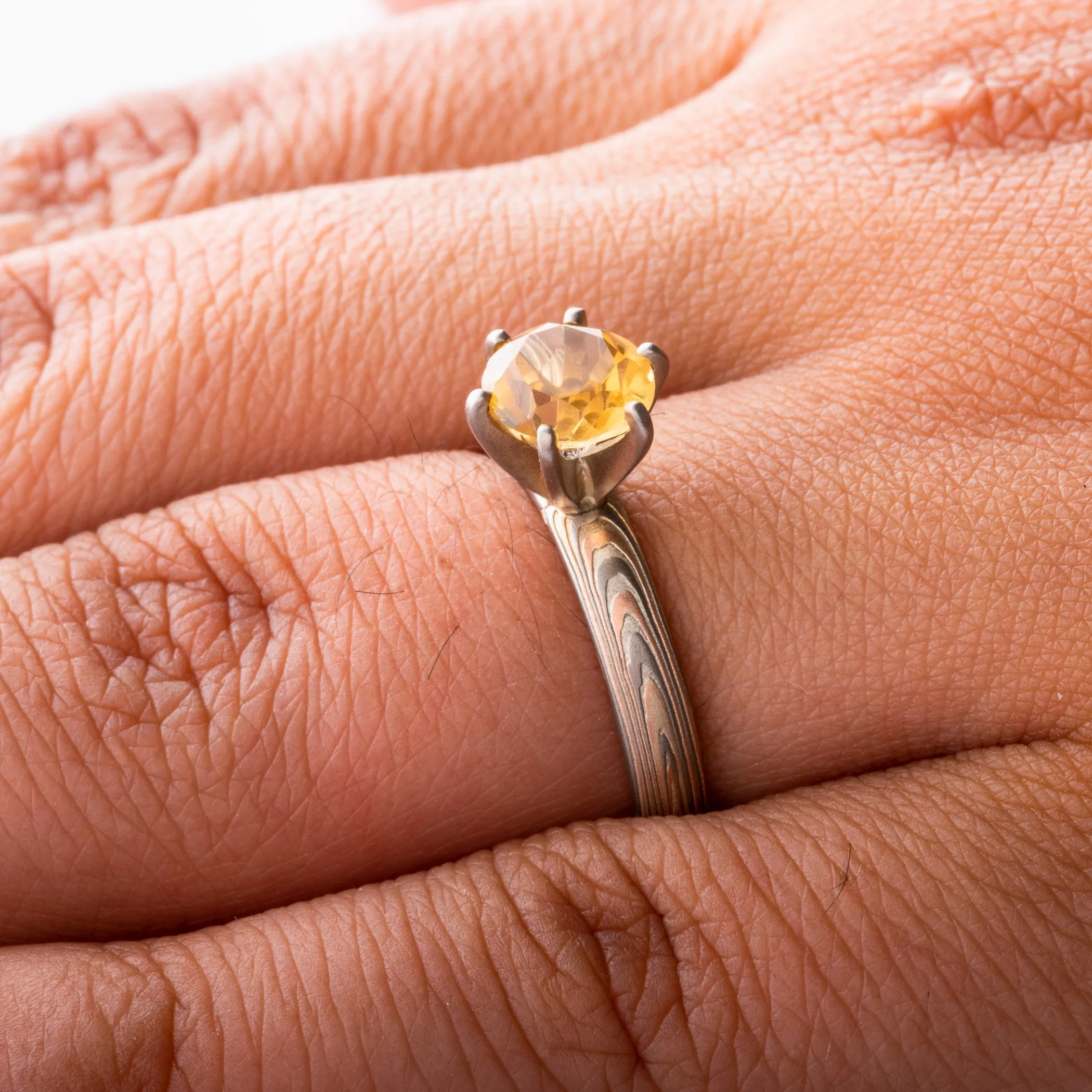 Mokume Gane Ring Set in Vortex Pattern and Embers Palette with Prong Set Topaz SHIPS TODAY