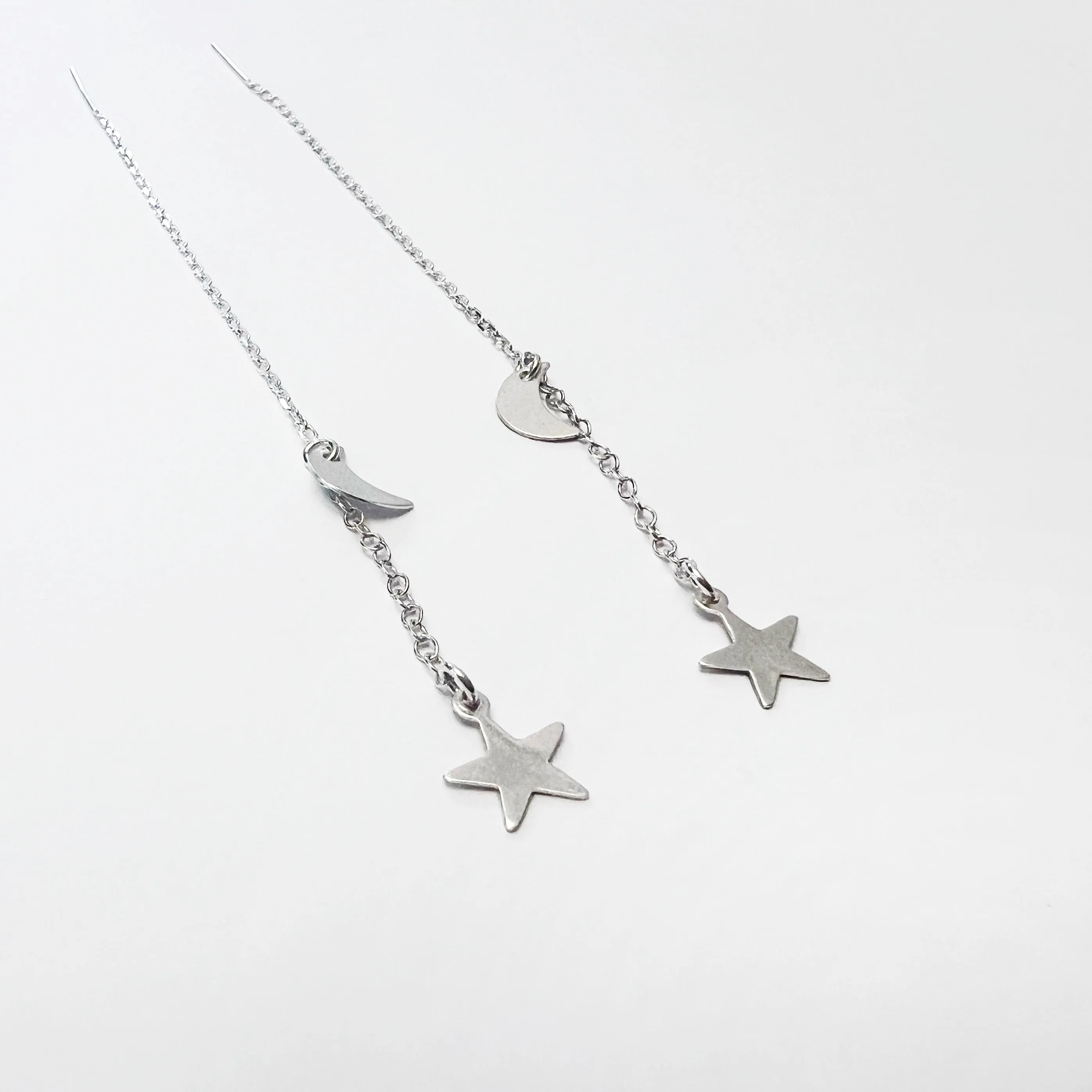 Moon and Star Celestial Drop Threader Earrings - Choose Your Metal