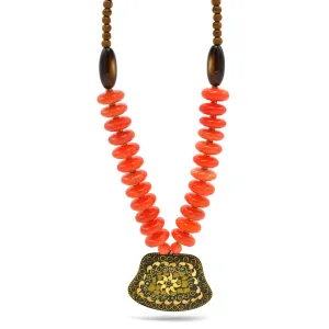 ORANGE & BROWN BEADS WITH  GOLD PENDANT NECKLACE #FWNK-2202-111