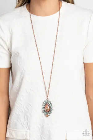 Over the TEARDROP - Copper - Peach and Blue Gem Halo Paparazzi Long Necklace