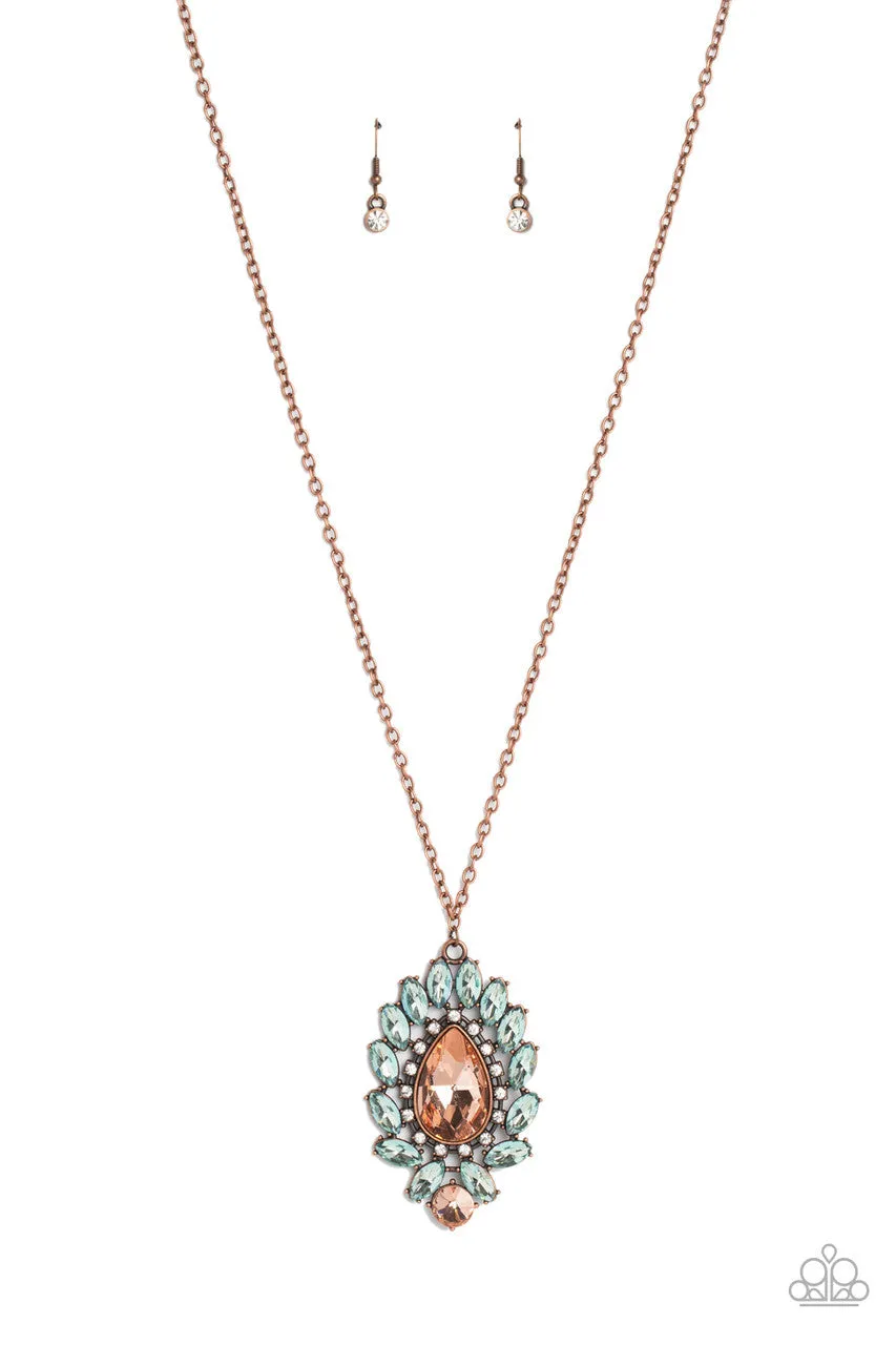 Over the TEARDROP - Copper - Peach and Blue Gem Halo Paparazzi Long Necklace