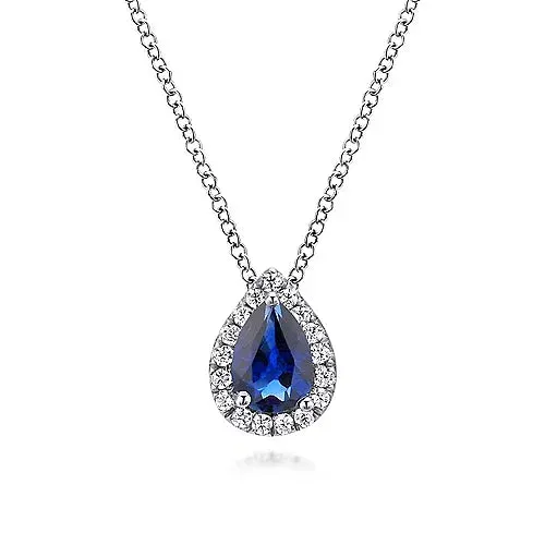Pear Shaped Sapphire and Diamond Halo Pendant Necklace