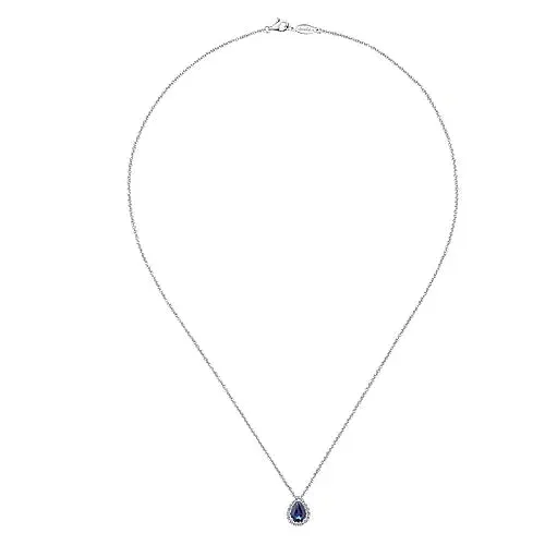 Pear Shaped Sapphire and Diamond Halo Pendant Necklace