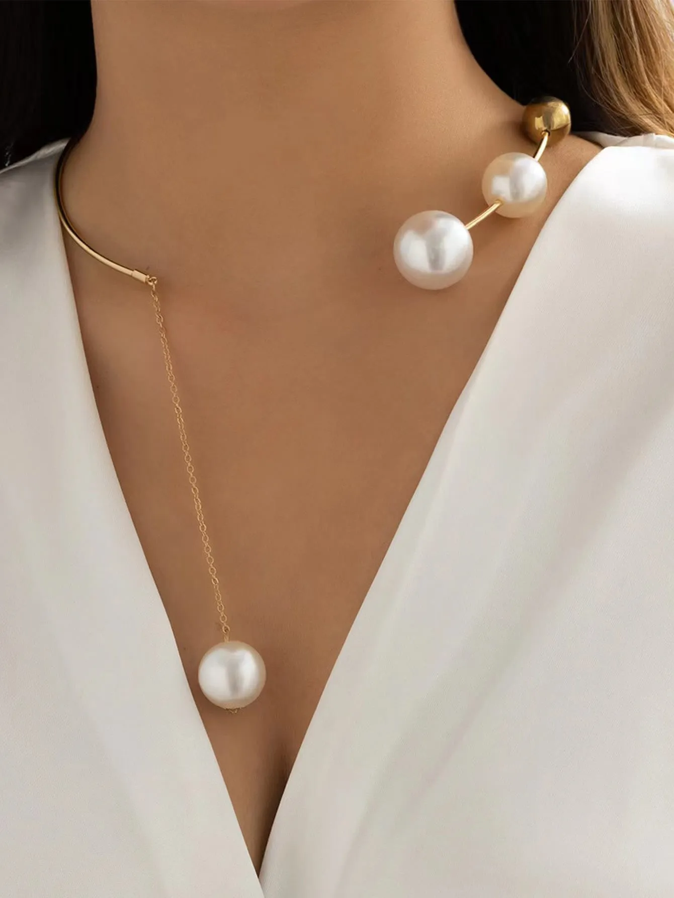 Pearl Decor Necklace & Earrings - Gold- FD ⚡