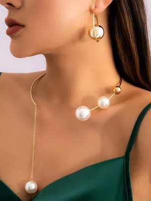 Pearl Decor Necklace & Earrings - Gold- FD ⚡