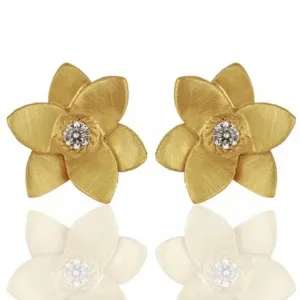 Petite Gold Plumeria Flower Stud Earrings with White Topaz Gemstone Accent